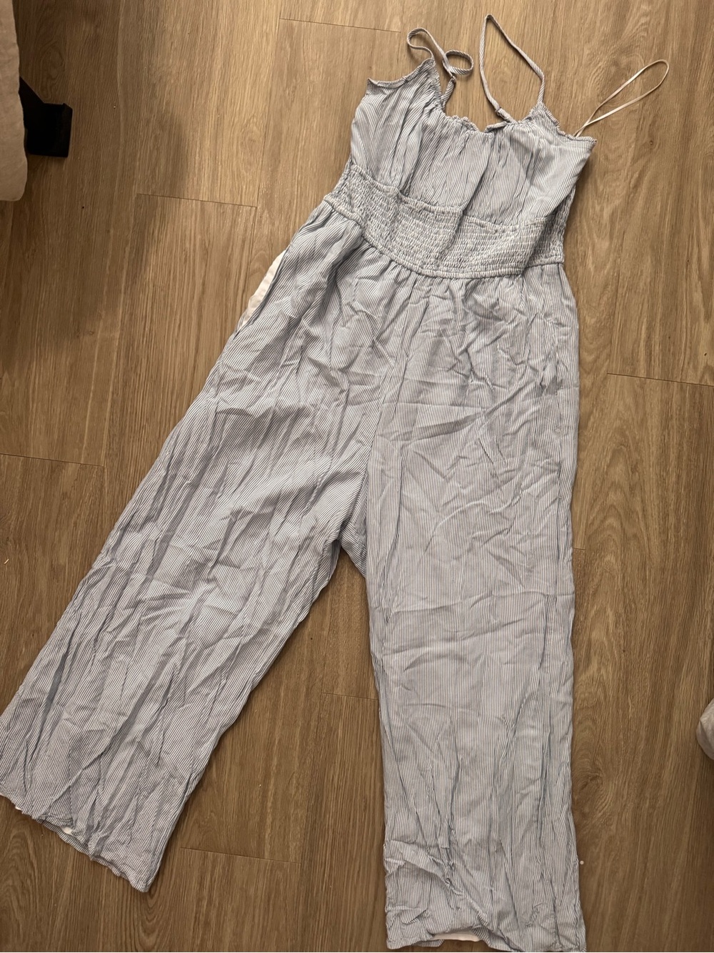 Hollister Light Blue Striped Smocked Jumpsuit